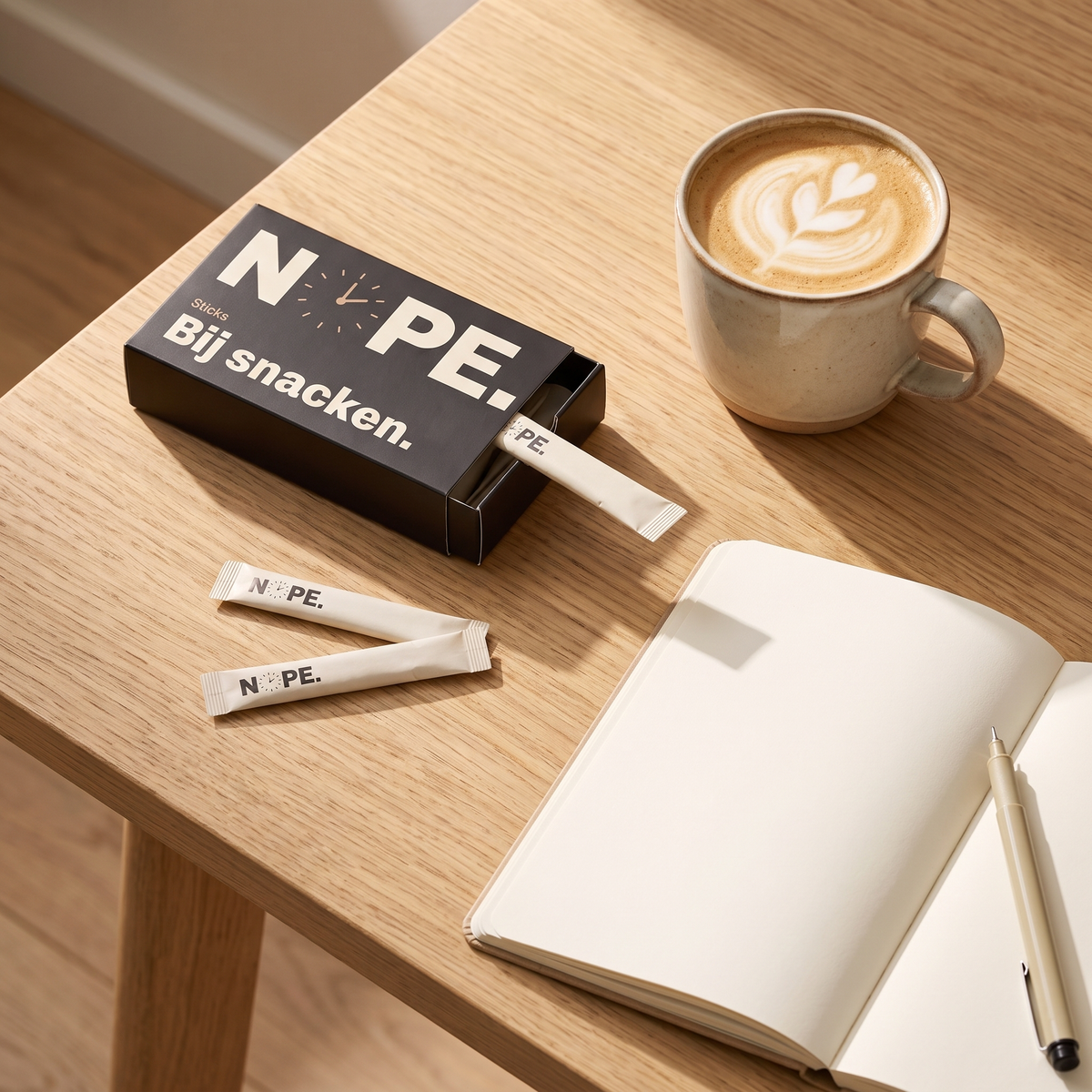 NOPE. Sticks dispenserdoos naast een kop koffie
